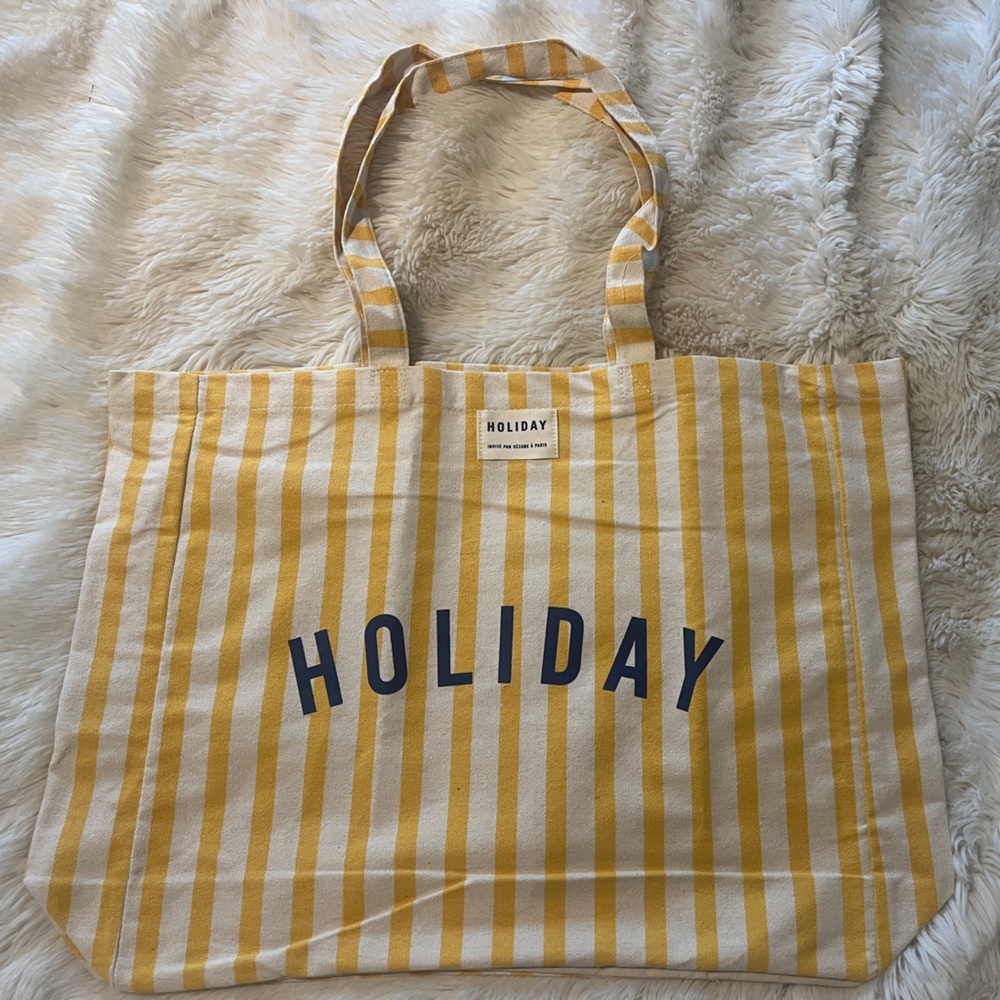Sezane Yellow and White Striped Holiday Tote